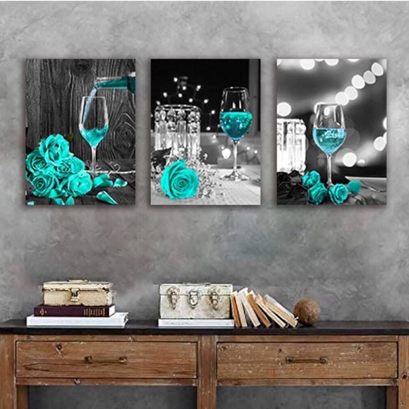 3-Piece Turquoise Canvas Wall Art – Wine Glass & Rose Decor - Picture 2 of 6